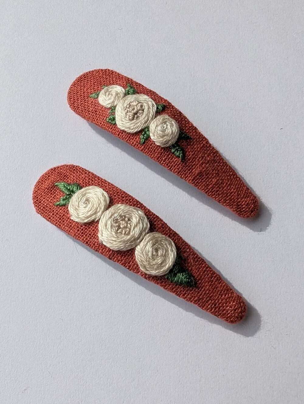 Cream Roses On Orange Hand Embroidered Hair Clips Handmade Accessories